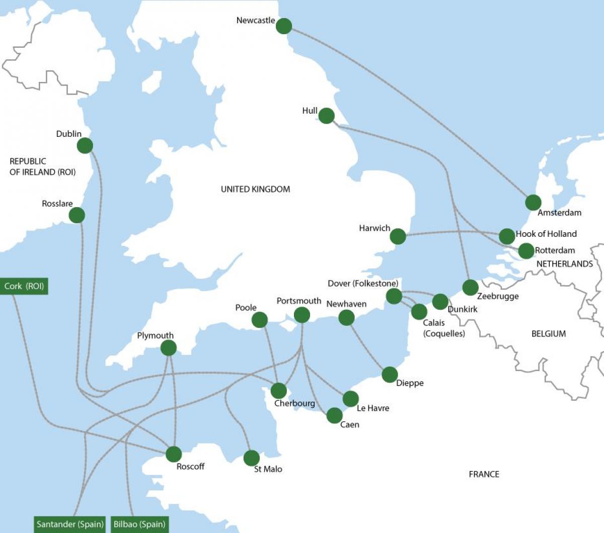 mapa tras trajektů do Holandska