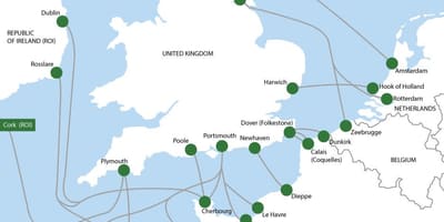 Mapa tras trajektů do Holandska